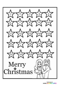 Advent calendar with 25 numbered stars and two angels holding an ornament, Merry Christmas greeting coloring page