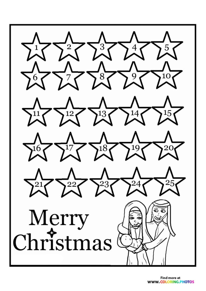 Advent calendar with 25 numbered stars and two angels holding an ornament, Merry Christmas greeting coloring page