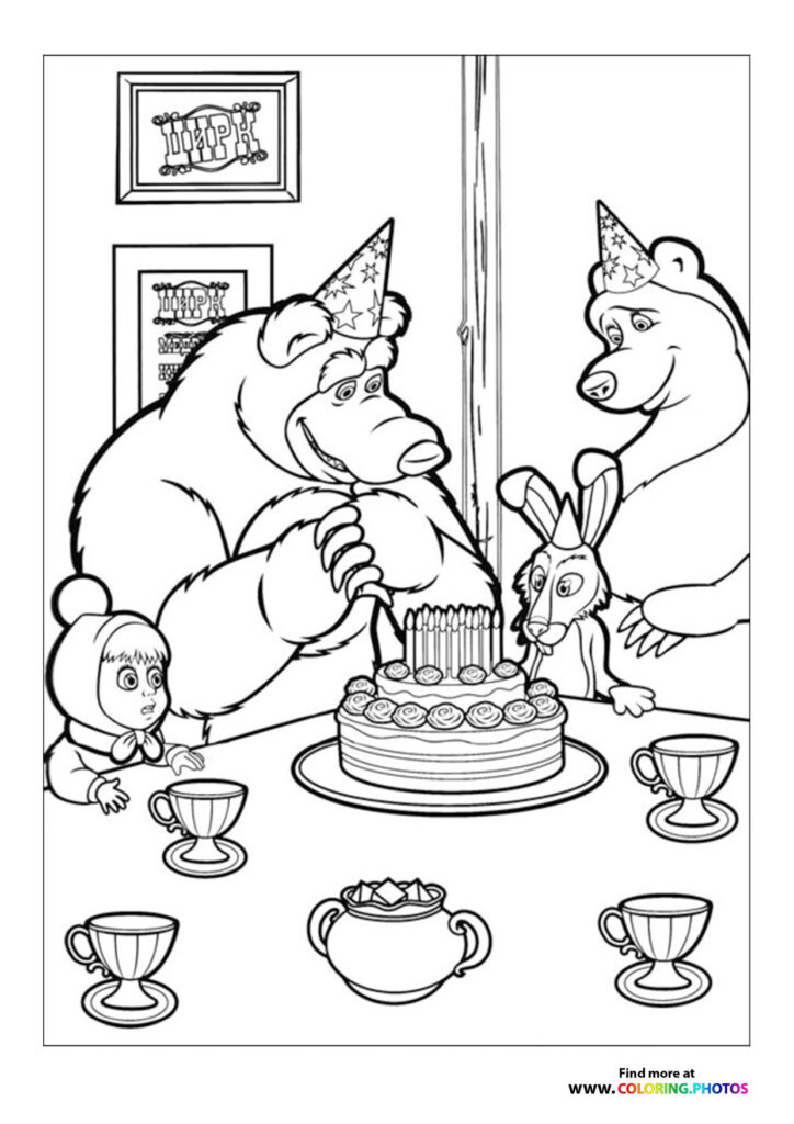 Masha and the Bear celebrating a birthday party with cake, candles, party hats, and forest animal friends coloring page
