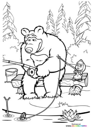 Masha and Bear fishing coloring page