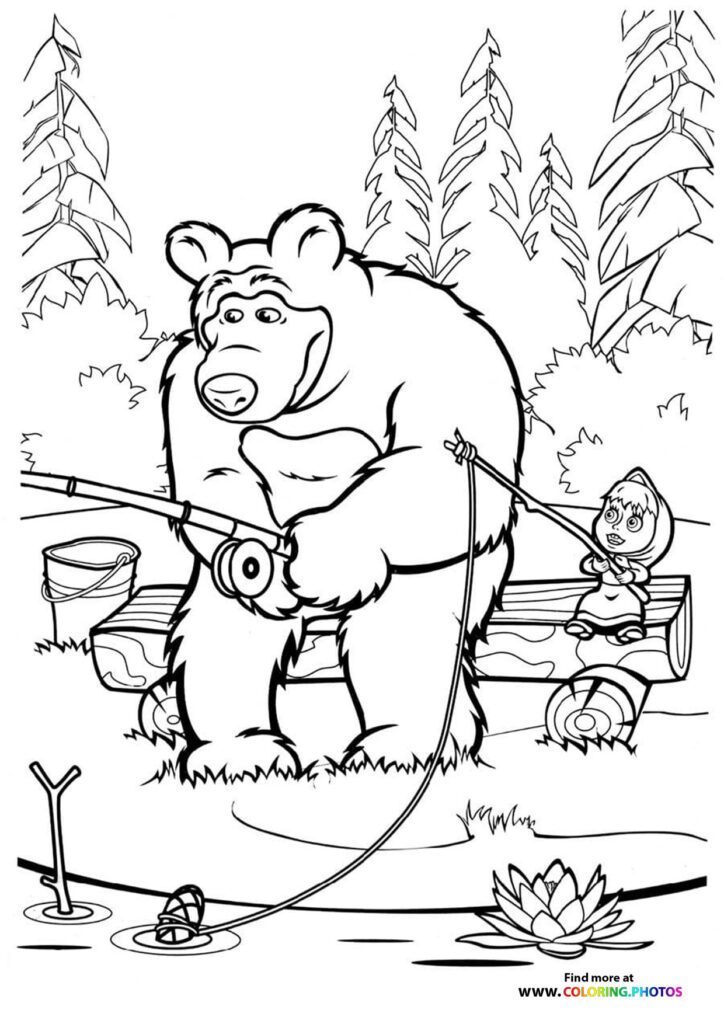 Masha and Bear fishing together by a log in the forest coloring page from Masha and the Bear