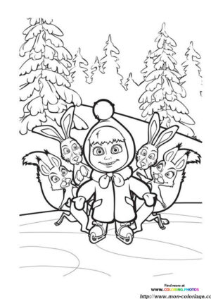 Masha skating with rabbits coloring page