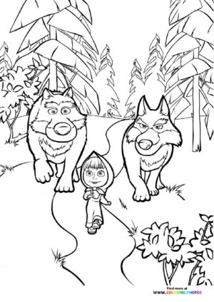 Masha with wolfs coloring page