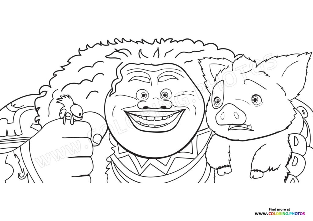 Tamatoa, Heihei, and Takatak smiling together coloring page from Moana 2
