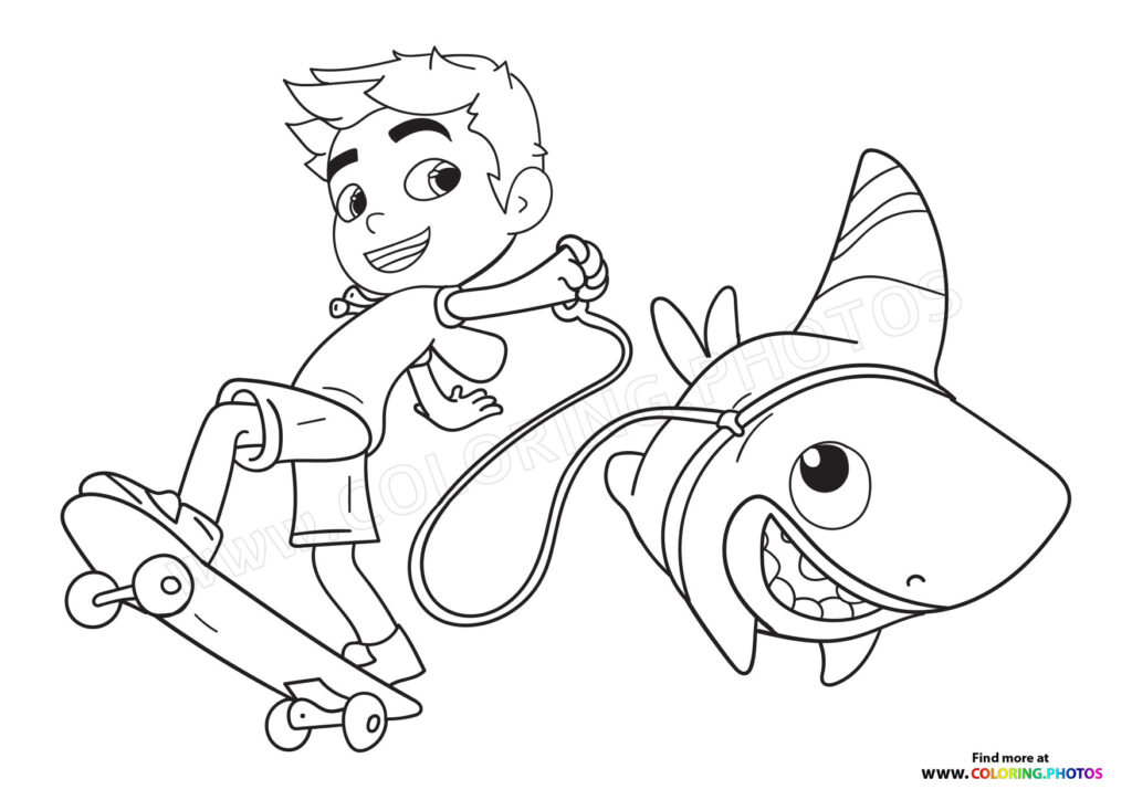 Boy on skateboard holding leash of smiling Sharkdog with shark fin coloring page