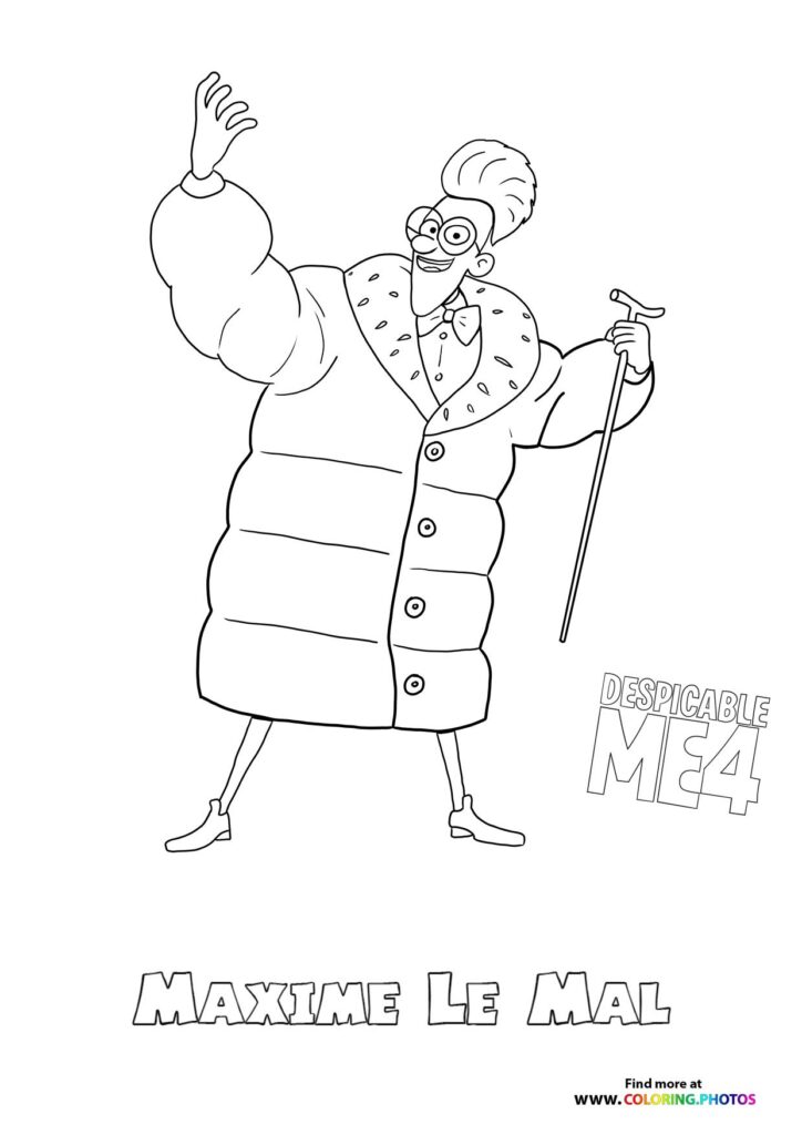 Maxime Le Mal from Despicable Me 4 in polka-dotted jacket holding a cane coloring page