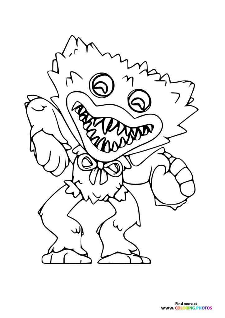 Huggy Wuggy standing with arms outstretched, showing teeth and bow tie from Poppy Playtime coloring page