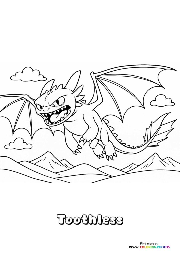 Toothless the Night Fury dragon flying with wings spread, surrounded by clouds and mountains below, from How to Train Your Dragon