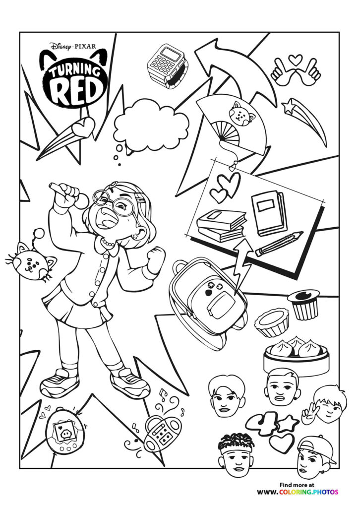 Mei Lee and friends from Turning Red in a collage-style coloring page with red panda, toys, and fun icons
