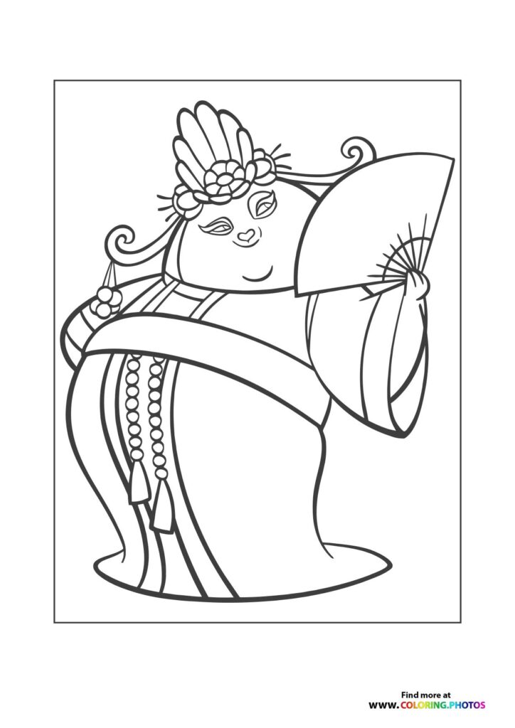 Master Viper in martial arts pose with ornate headdress and flowing robes coloring page from Kung Fu Panda 4