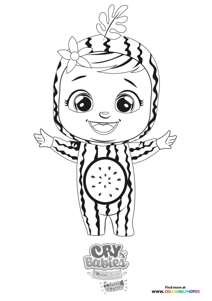 Tutti Frutti from Cry Babies Tutti Frutti smiling with flower in hair and striped dragon fruit body coloring page