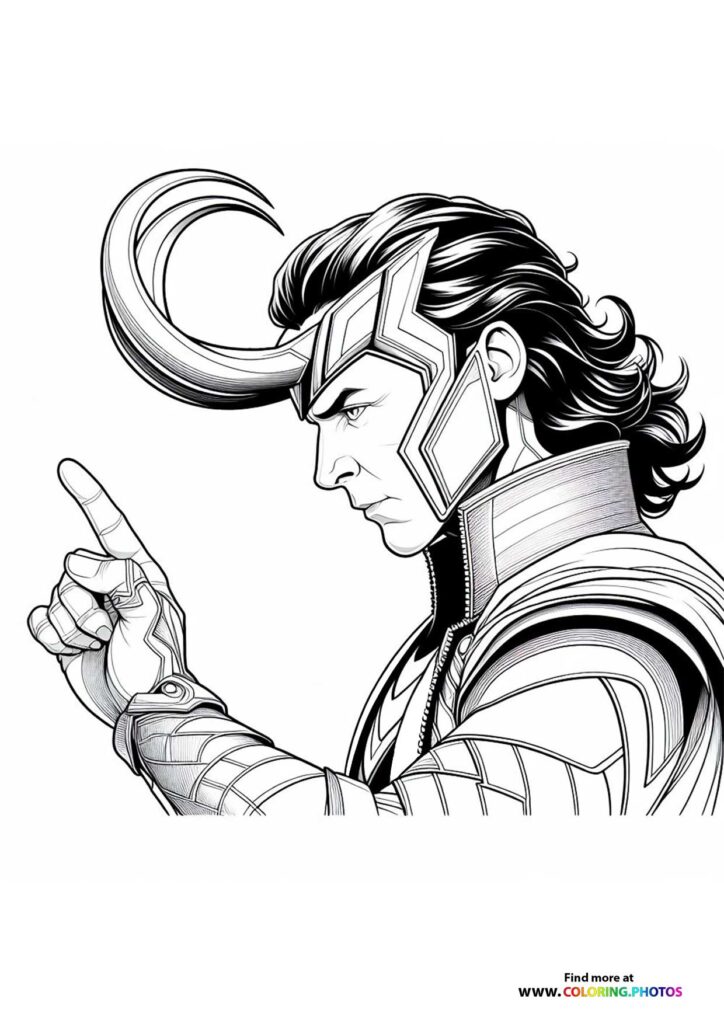 Loki wearing his signature horned helmet and armor with hand pointing forward coloring page from Marvel