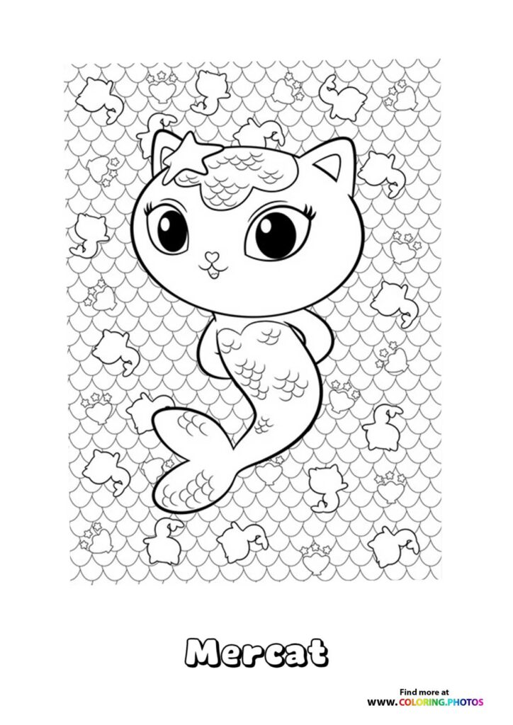 Mercat, a mermaid cat character with scaled tail and starfish crown, coloring page from Gabby's Dollhouse The Movie