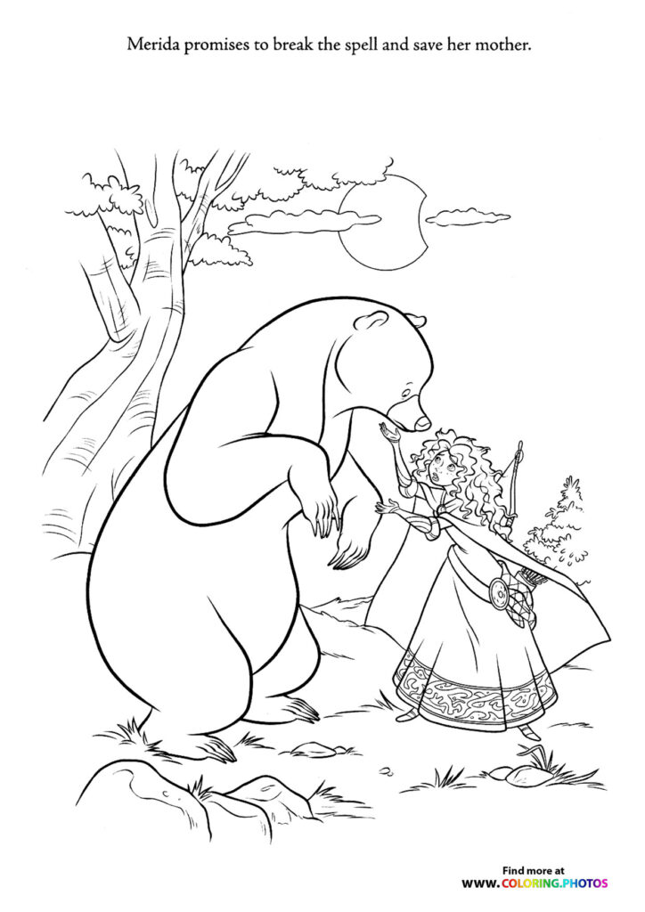 Merida facing an enchanted bear with spell scroll in magical forest coloring page from Brave