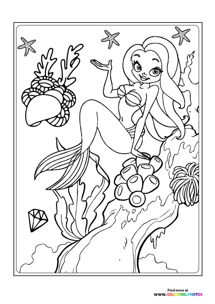 Happy mermaid with long hair surrounded by coral, sea plants, starfish, and treasures coloring page