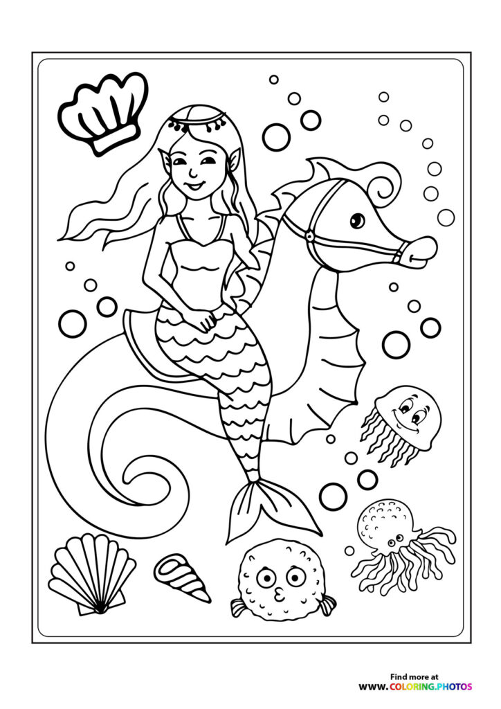 Mermaid riding a seahorse surrounded by jellyfish, pufferfish, and bubbles coloring page