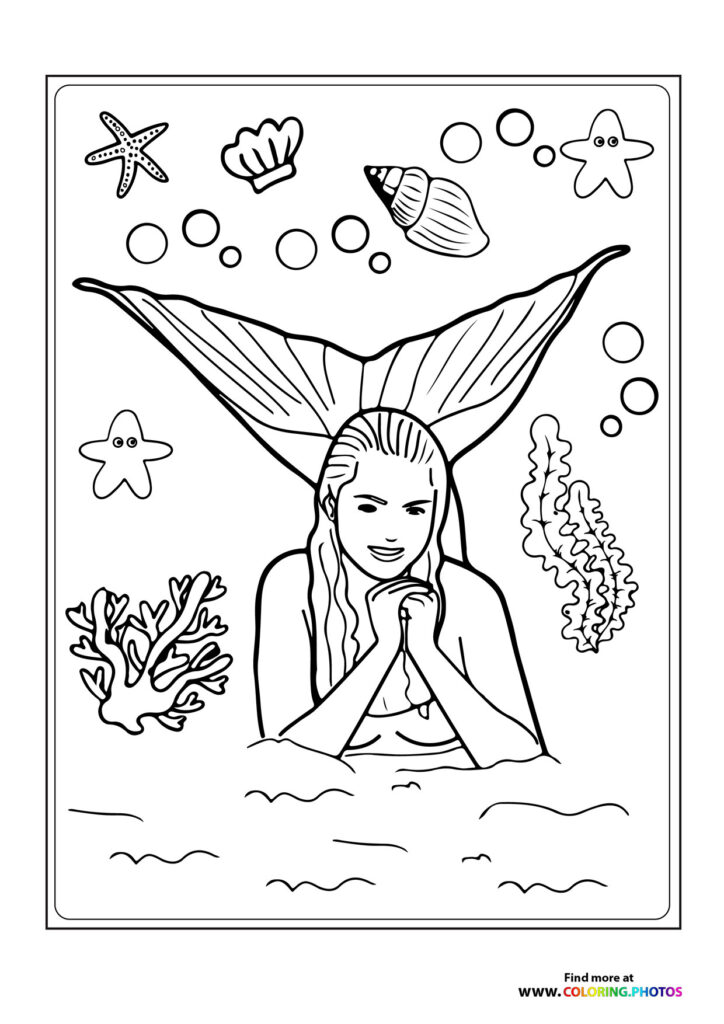 A mermaid with long wavy hair and detailed tail fin surrounded by starfish, shells, seaweed, and bubbles in an underwater scene coloring page