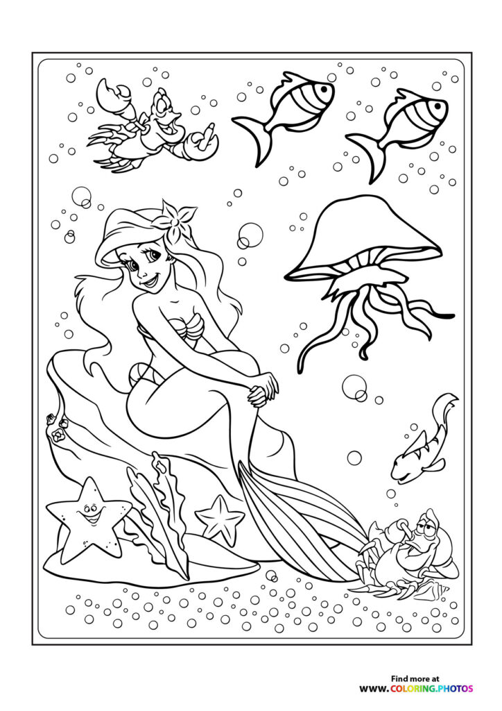 Ariel the mermaid sitting with starfish, crab, fish, and jellyfish in an underwater scene with bubbles coloring page