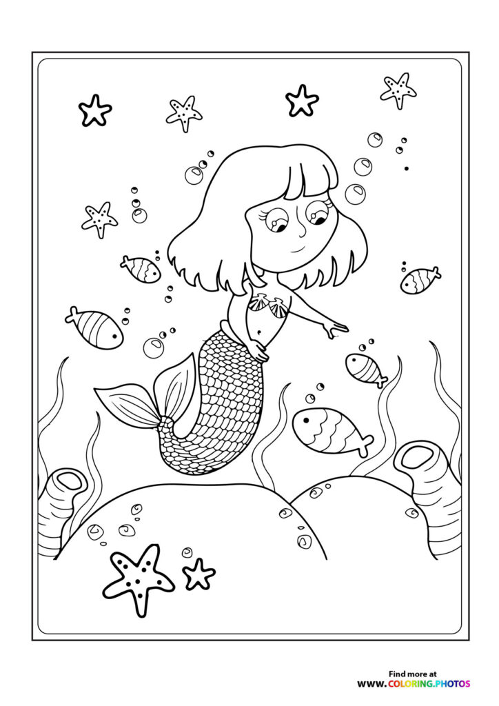Young mermaid surrounded by fish, starfish, bubbles and seaweed coloring page