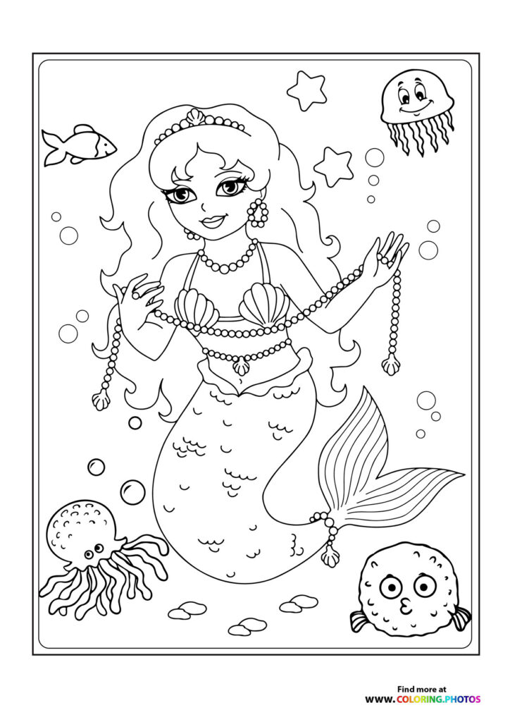 Glamorous mermaid with pearl jewelry surrounded by sea creatures coloring page