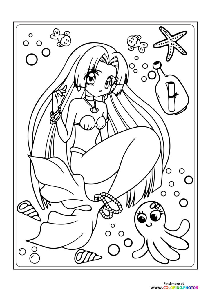 Anime mermaid with long hair wearing pearls surrounded by octopus, starfish, and fish coloring page