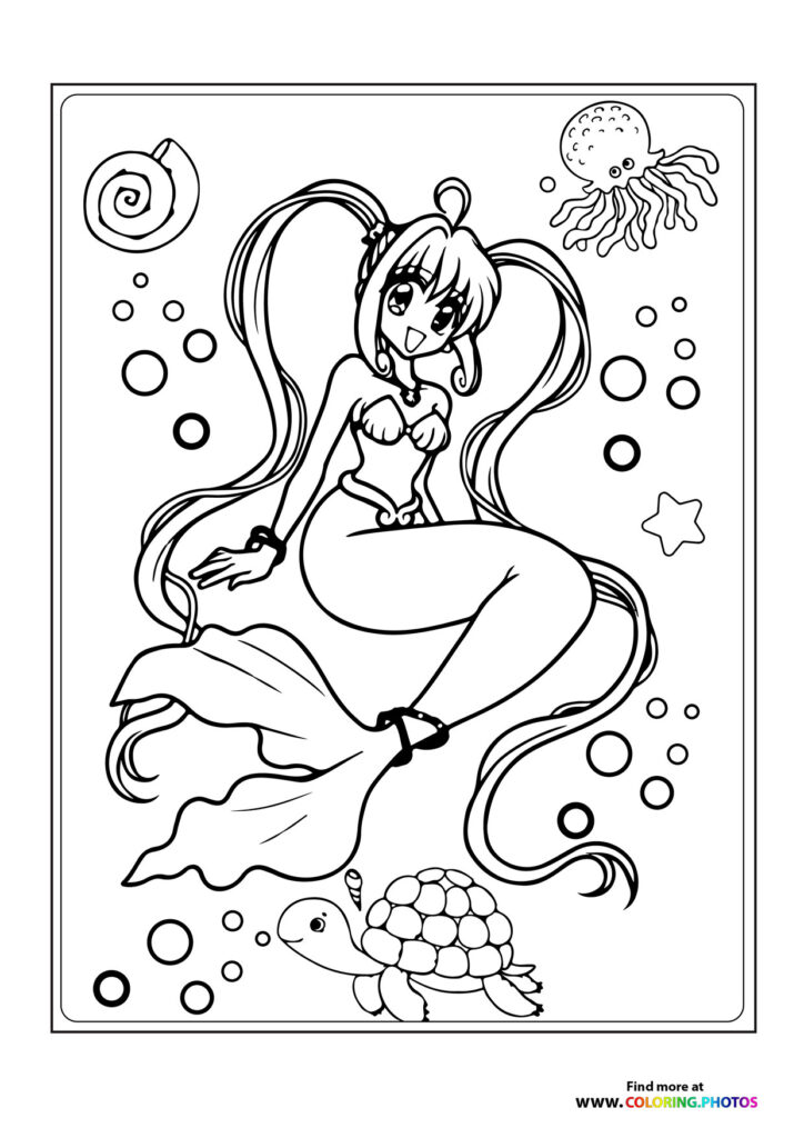 Cheerful mermaid with long flowing hair surrounded by sea turtle, jellyfish, shell and bubbles coloring page