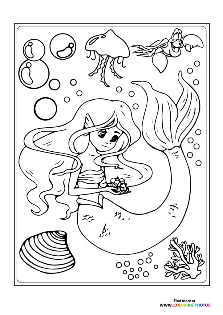 Mermaid sitting on ocean floor surrounded by jellyfish, bubbles, shells and coral coloring page