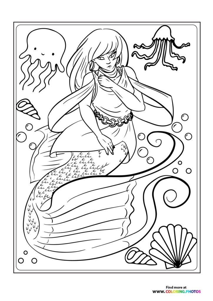 A mermaid with long hair and a scaled tail surrounded by jellyfish, shells, and bubbles coloring page