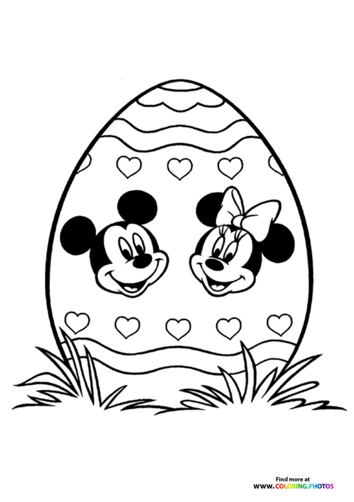 Mickey and Minnie Mouse inside a large Easter egg with hearts and stripes, coloring page
