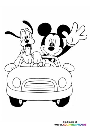 Mickey Mouse driving Goofy coloring photo