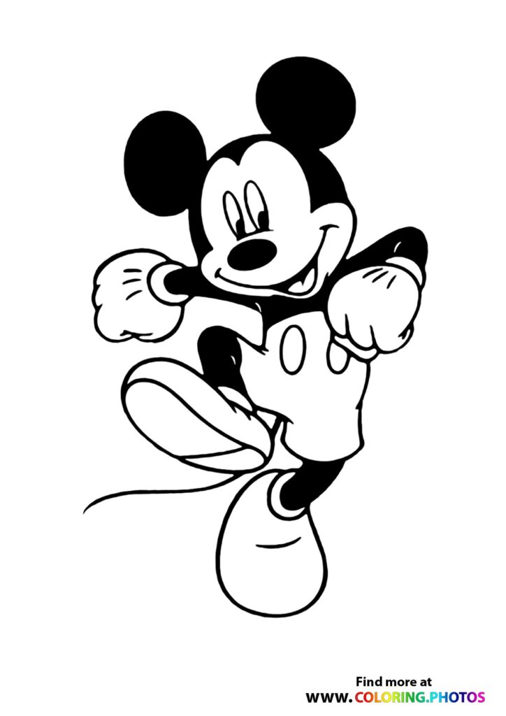 Mickey Mouse jumping with arms spread wide and a big smile, classic coloring page