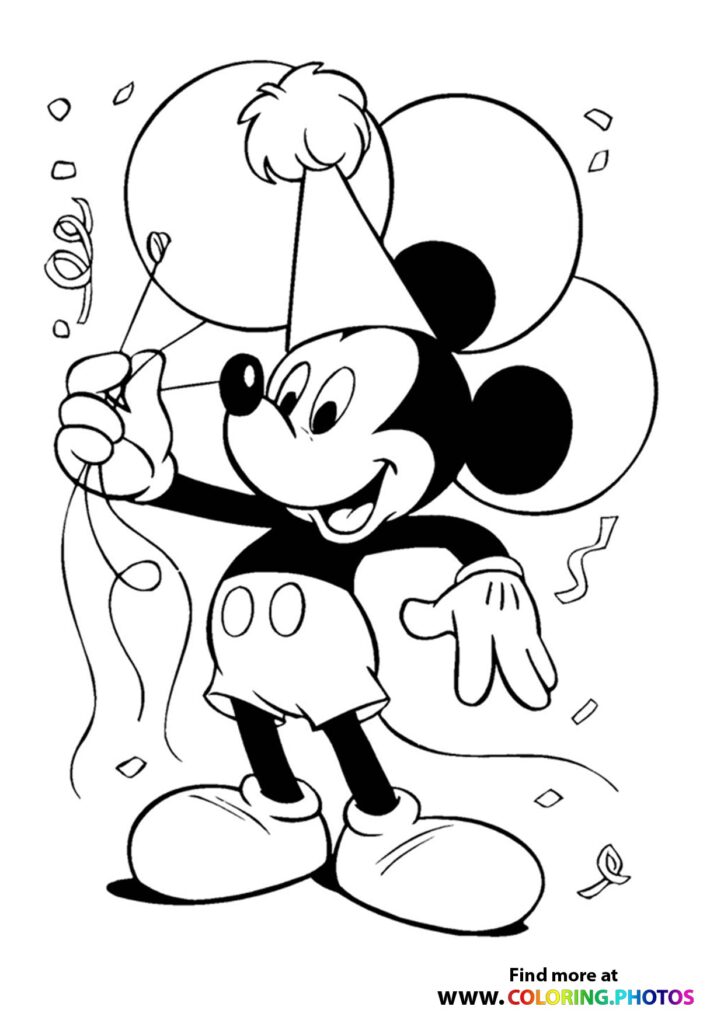 Mickey Mouse holding balloons and party streamer surrounded by confetti coloring page