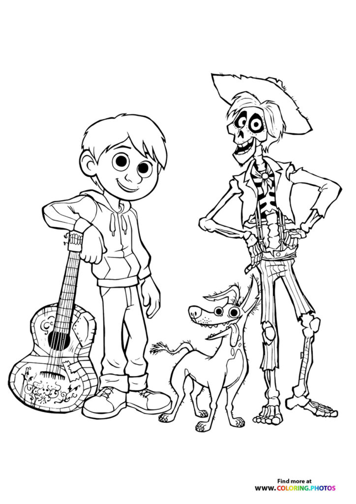 Miguel holding a guitar next to Hector and Dante from Coco coloring page