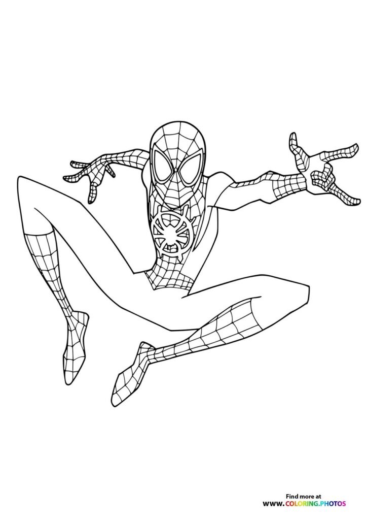 Miles Morales in Spider-Man suit jumping with arms outstretched coloring page