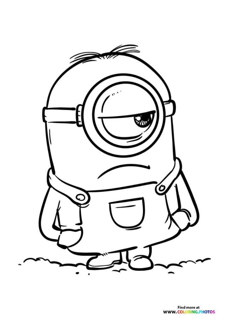 Stuart the Minion standing with one eye and a frown, wearing denim overalls coloring page from Minions 2 The Rise of Gru