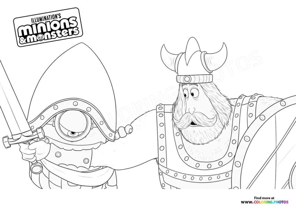 Minion dressed as a Viking warrior holding a sword next to a bearded Viking character coloring page from Minions & Monsters