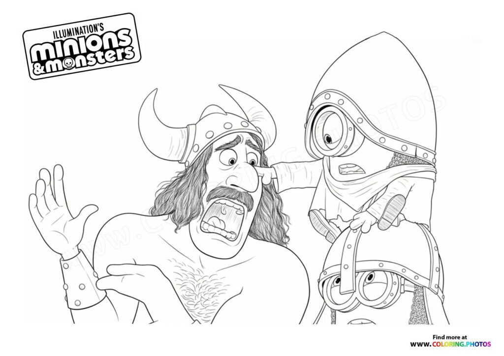 Viking warrior with horned helmet and two minions in armor coloring page from Minions & Monsters