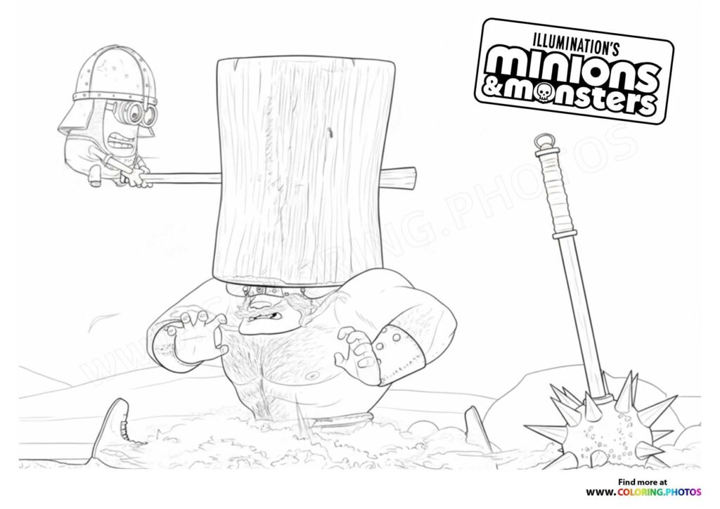 Minion operating a tree stump monster with an axe coloring page from Minions and Monsters