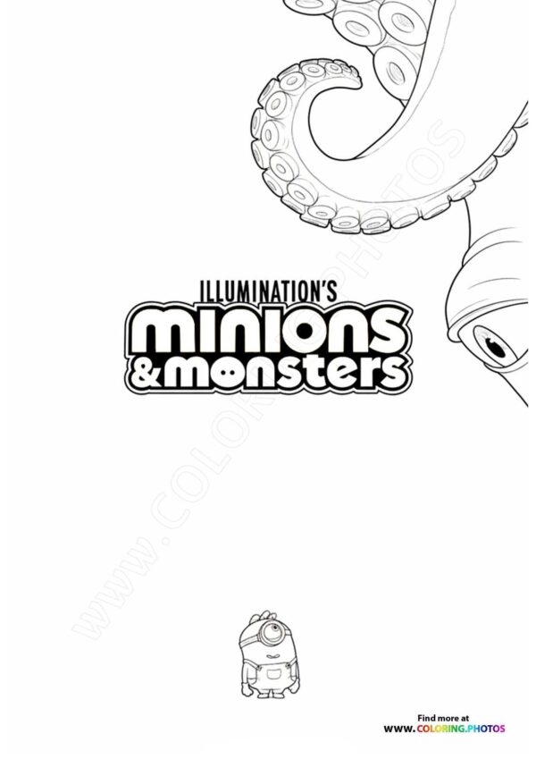 Minions & Monsters logo with tentacle arms and a minion character coloring page