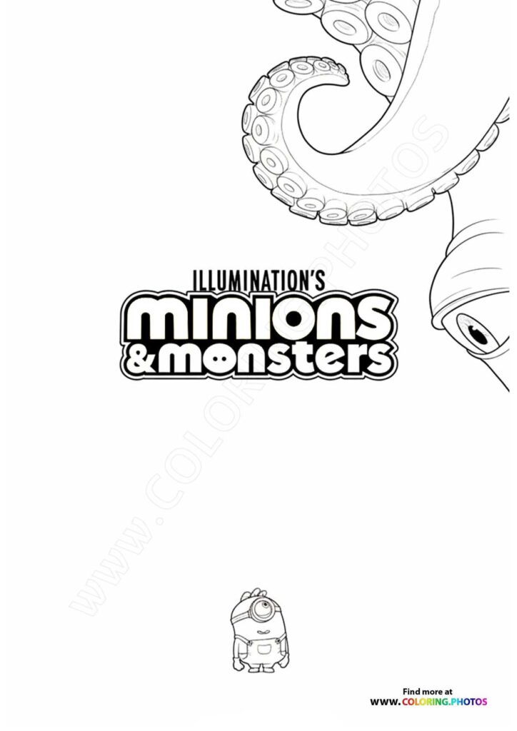 Minions & Monsters logo with tentacle arms and a minion character coloring page