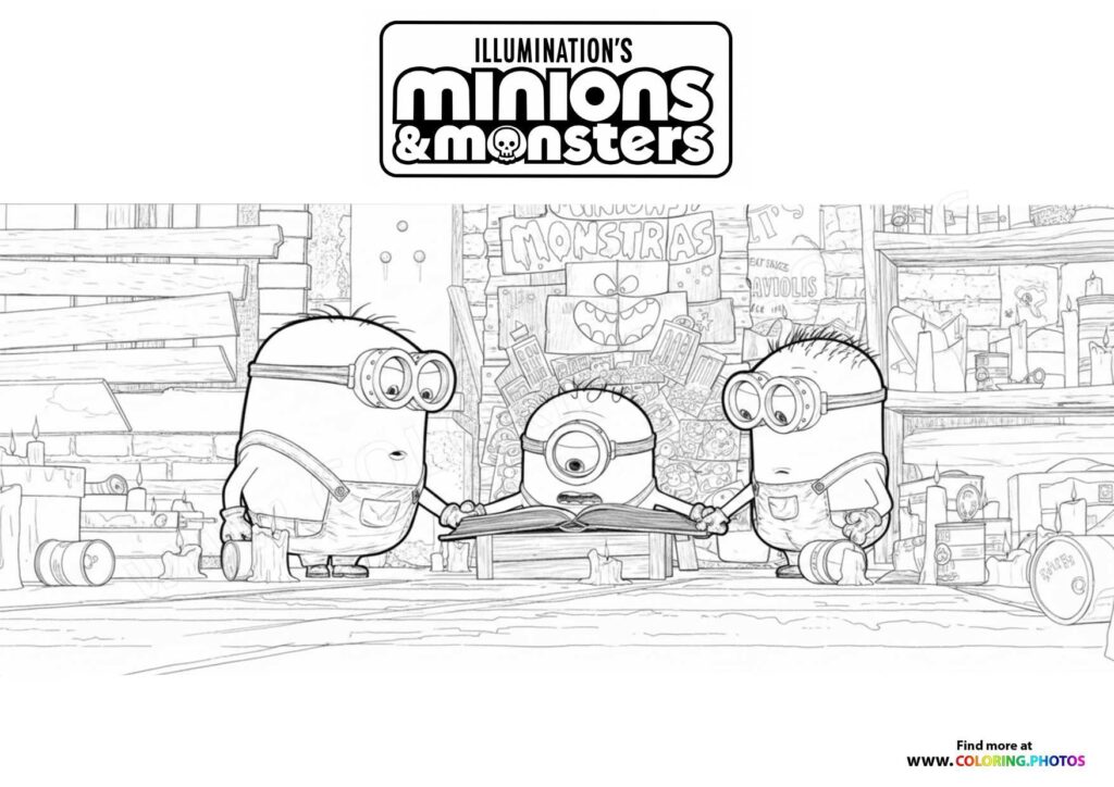 Three Minions standing in a busy factory with machinery and gears in the background coloring page from Minions and Monsters