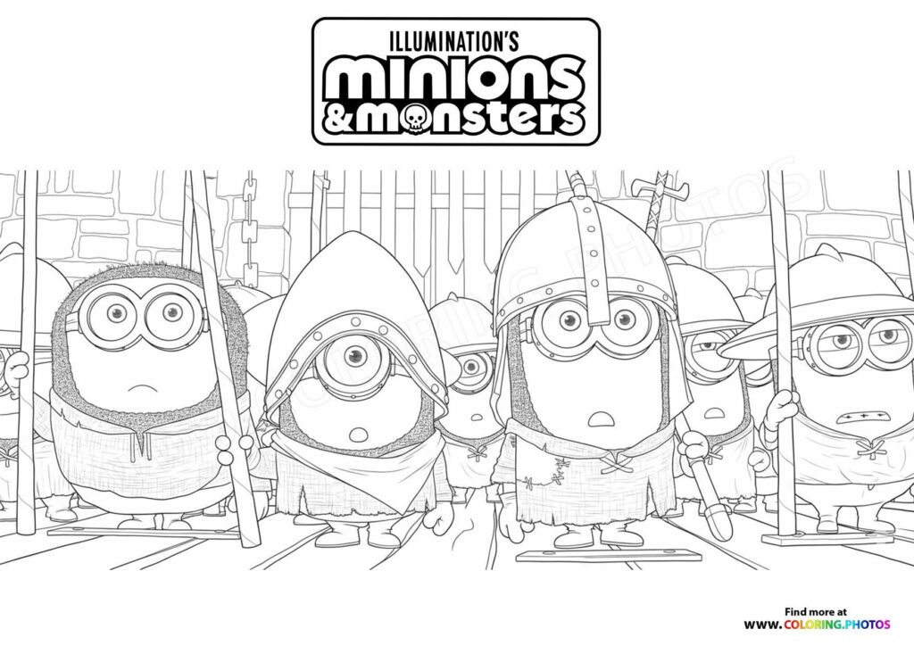 Minions dressed as medieval knights and warriors in armor and helmets standing in a castle coloring page from Minions and Monsters