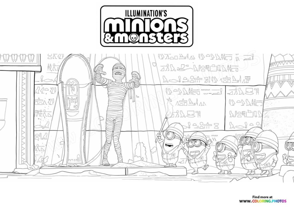 Minions standing with a mummy monster wrapped in bandages in an Egyptian tomb coloring page from Minions and Monsters