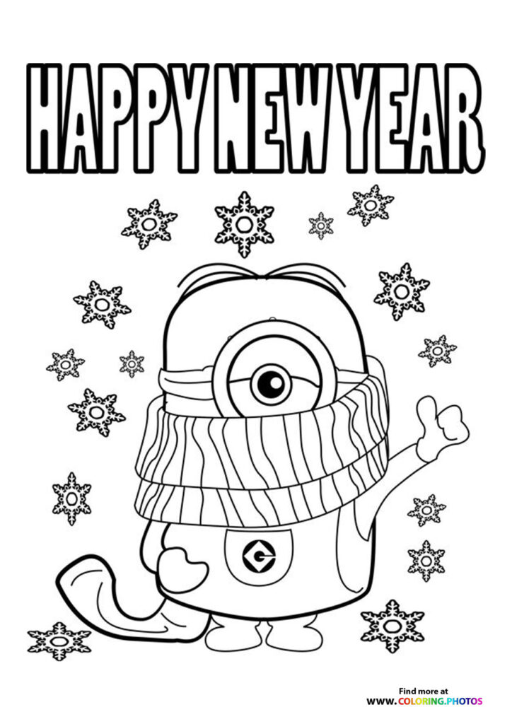 Happy New Year Minion wearing a winter scarf and hat surrounded by snowflakes coloring page