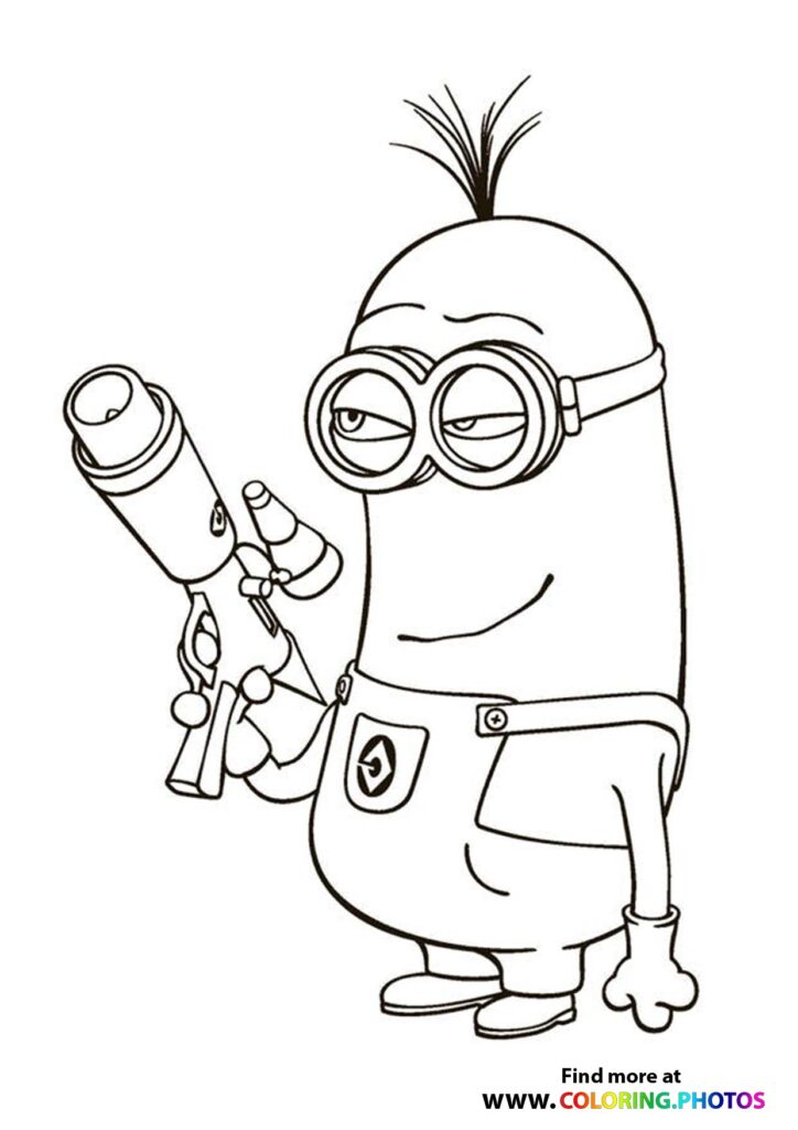 Minion holding a blaster gun with spiky hair and large goggles coloring page from Minions