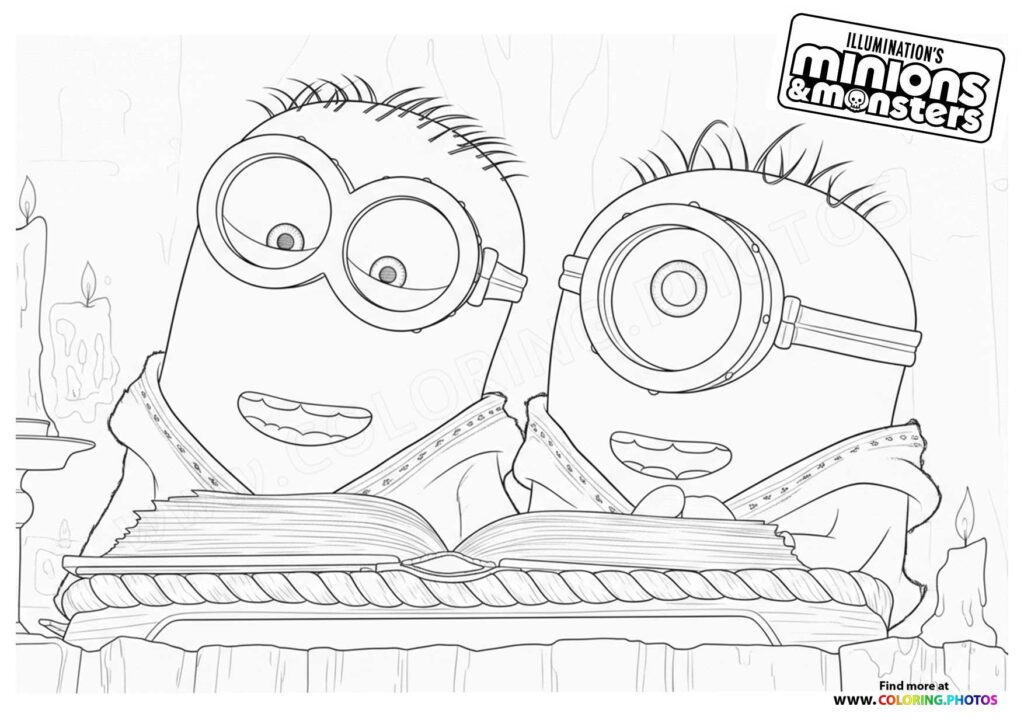 Two minions with goggles reading an open book by candlelight coloring page from Minions and Monsters