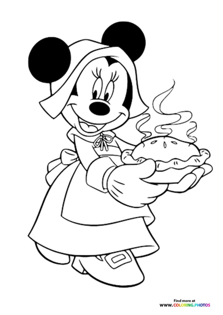Minnie Mouse in Pilgrim dress holding a steaming pie coloring page