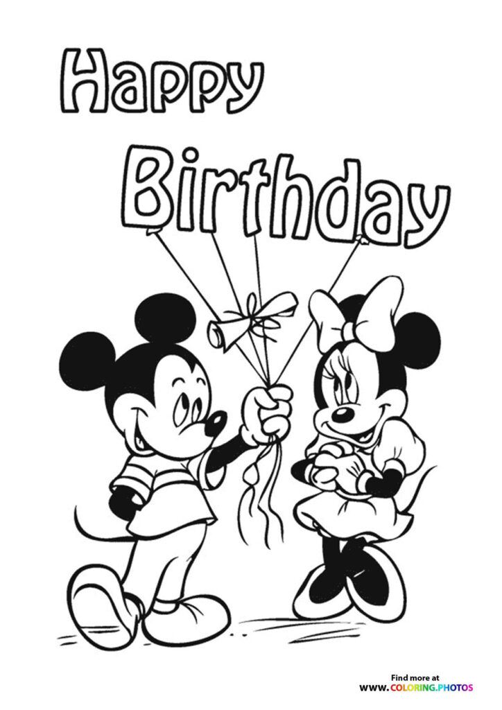 Mickey and Minnie Mouse holding birthday balloons coloring page