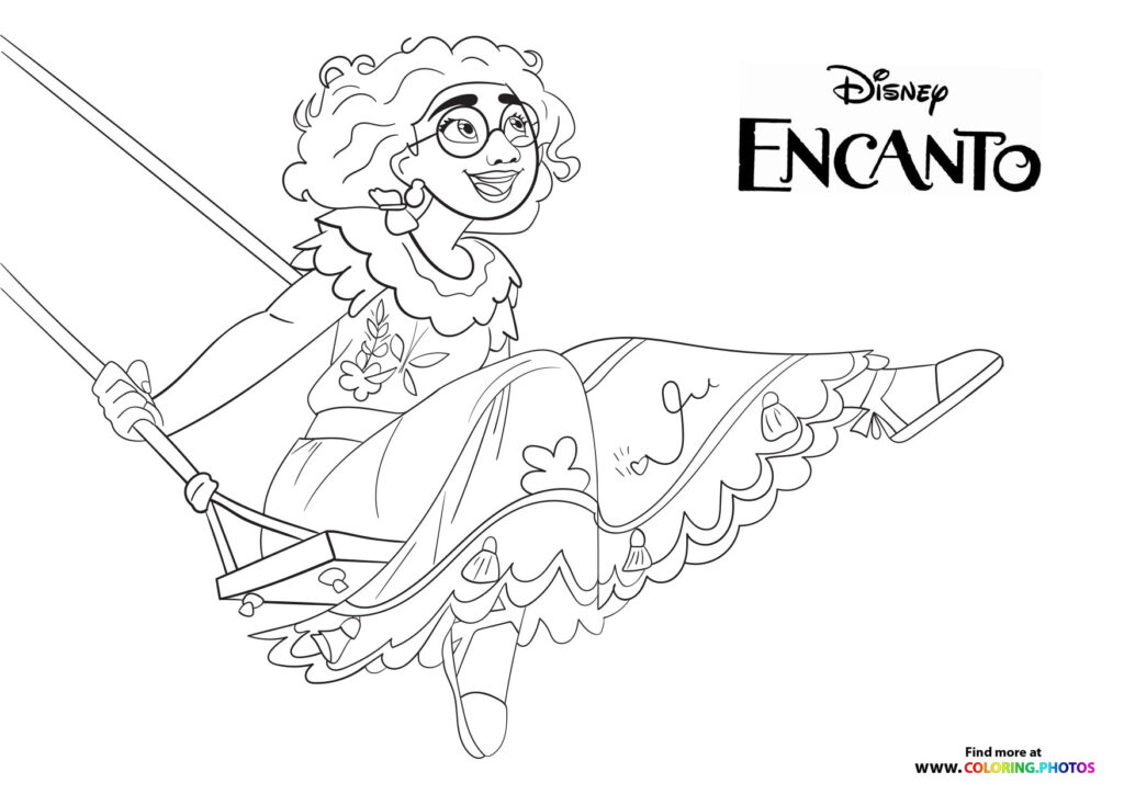 Mirabel from Disney's Encanto swinging on an ornate magical swing with flowing dress coloring page