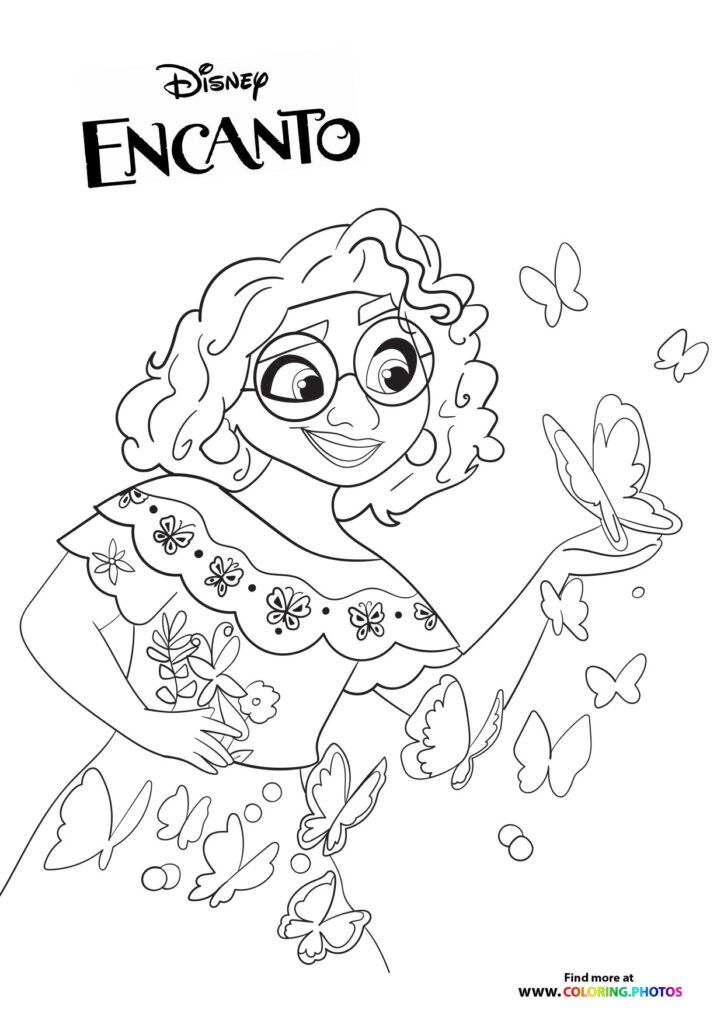 Mirabel Madrigal with magical butterflies and sparkles coloring page from Disney's Encanto